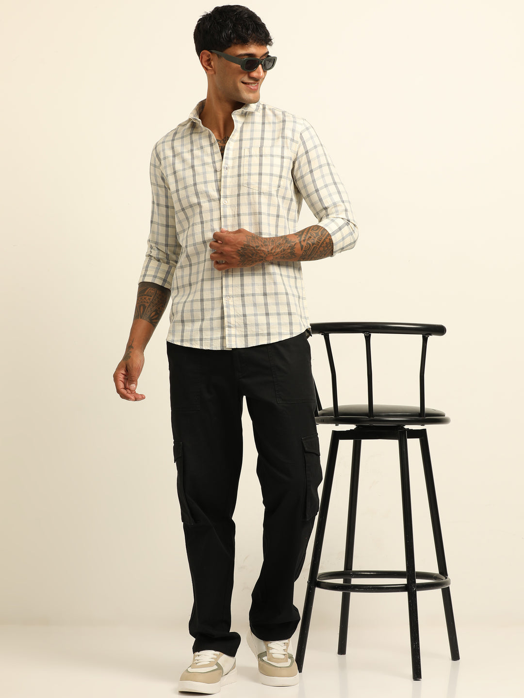 Cream Regular Fit Check Shirt Checks Shirt Bushirt
