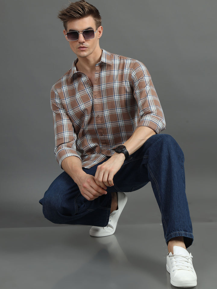 Tonal Tuscan Brown Checked Shirt Checks Shirt Bushirt   