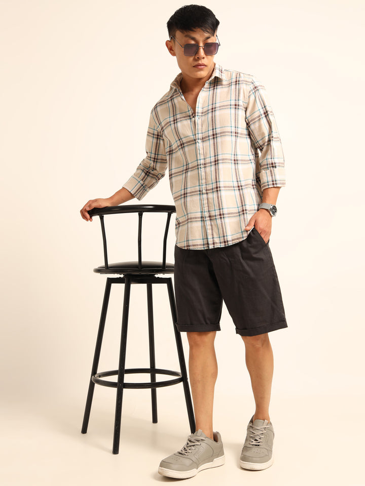 Beige Regular Fit Check Shirt Checks Shirt Bushirt