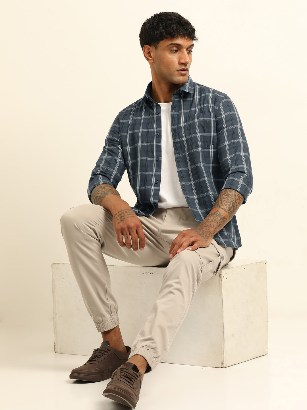 Dark Grey Regular Fit Check Shirt Checks Shirt Bushirt