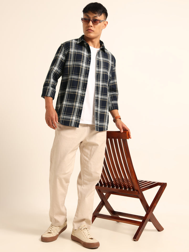 Navy Blue Regular Fit Check Shirt Checks Shirt Bushirt