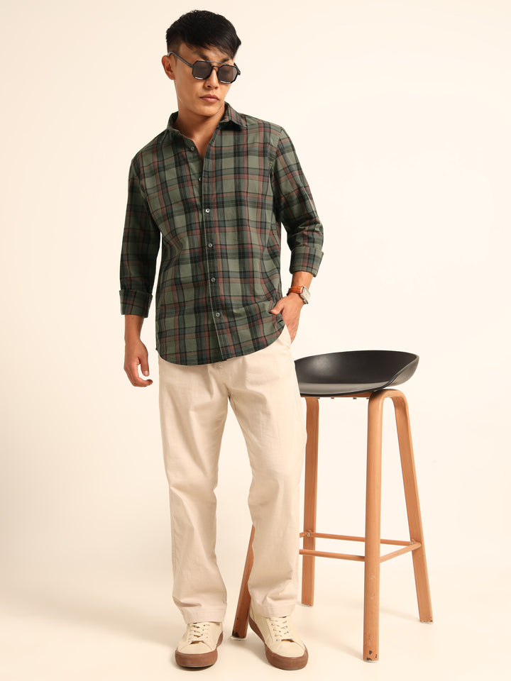 Rifle Green Regular Fit Check Shirt Chinos Bushirt