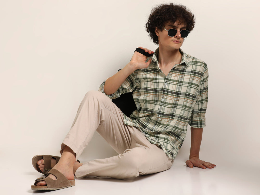 Green Regular Fit Check Shirt Checks Shirt Bushirt
