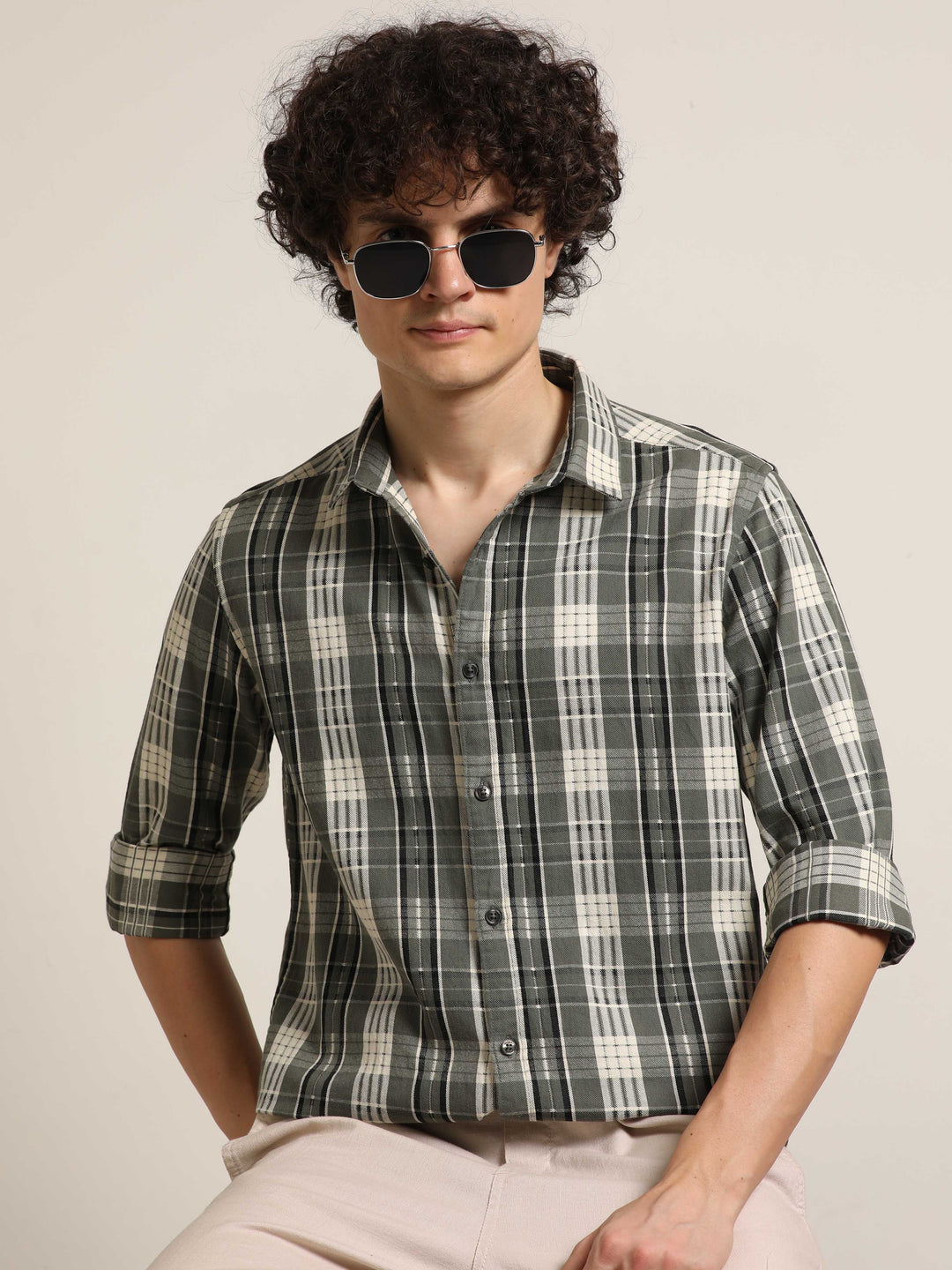 Green Regular Fit Check Shirt Checks Shirt Bushirt