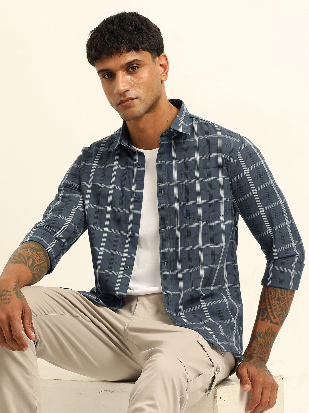 Dark Grey Regular Fit Check Shirt Checks Shirt Bushirt