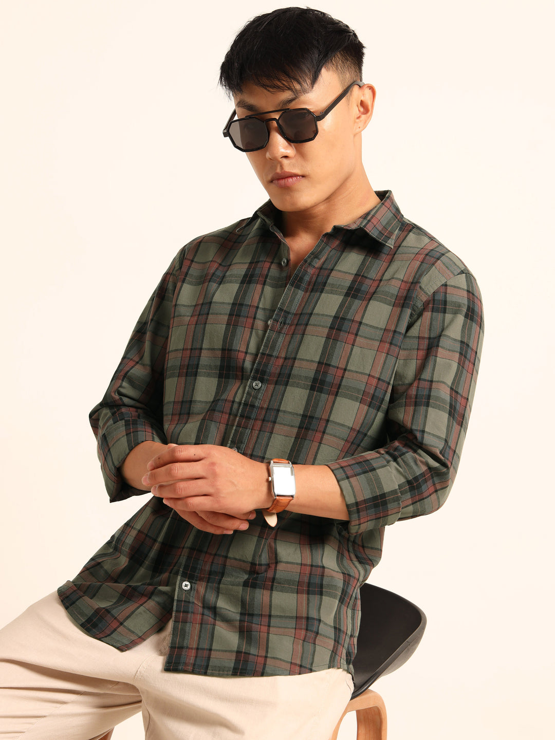 Rifle Green Regular Fit Check Shirt Chinos Bushirt
