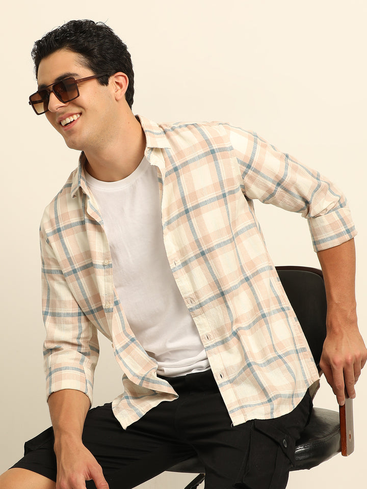 Cream Regular Fit Check Shirt Checks Shirt Bushirt
