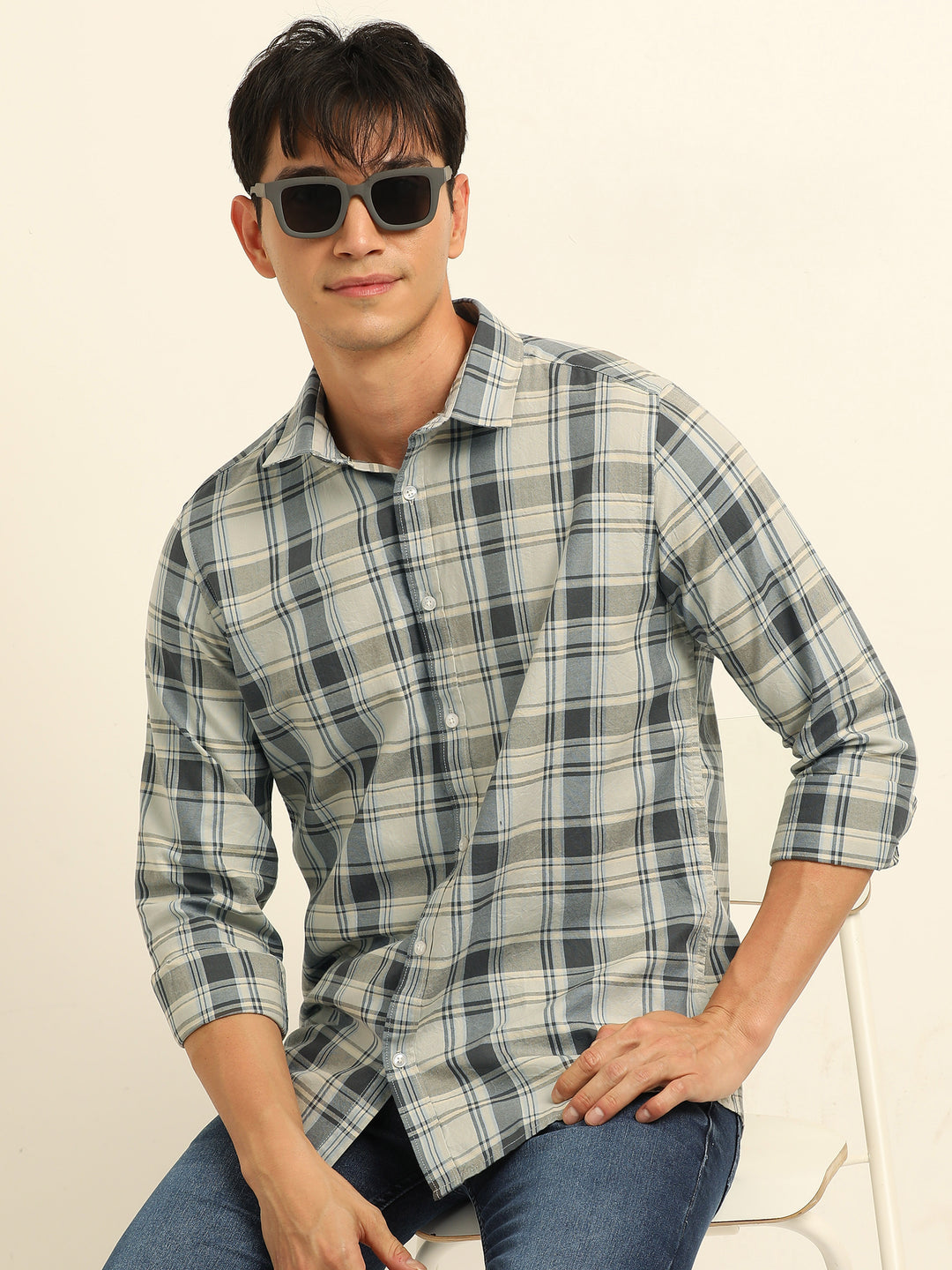 Cream Regular Fit Check Shirt Checks Shirt Bushirt