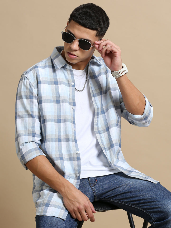 Light Blue Checks Regular Fit Shirt Checks Shirt Bushirt