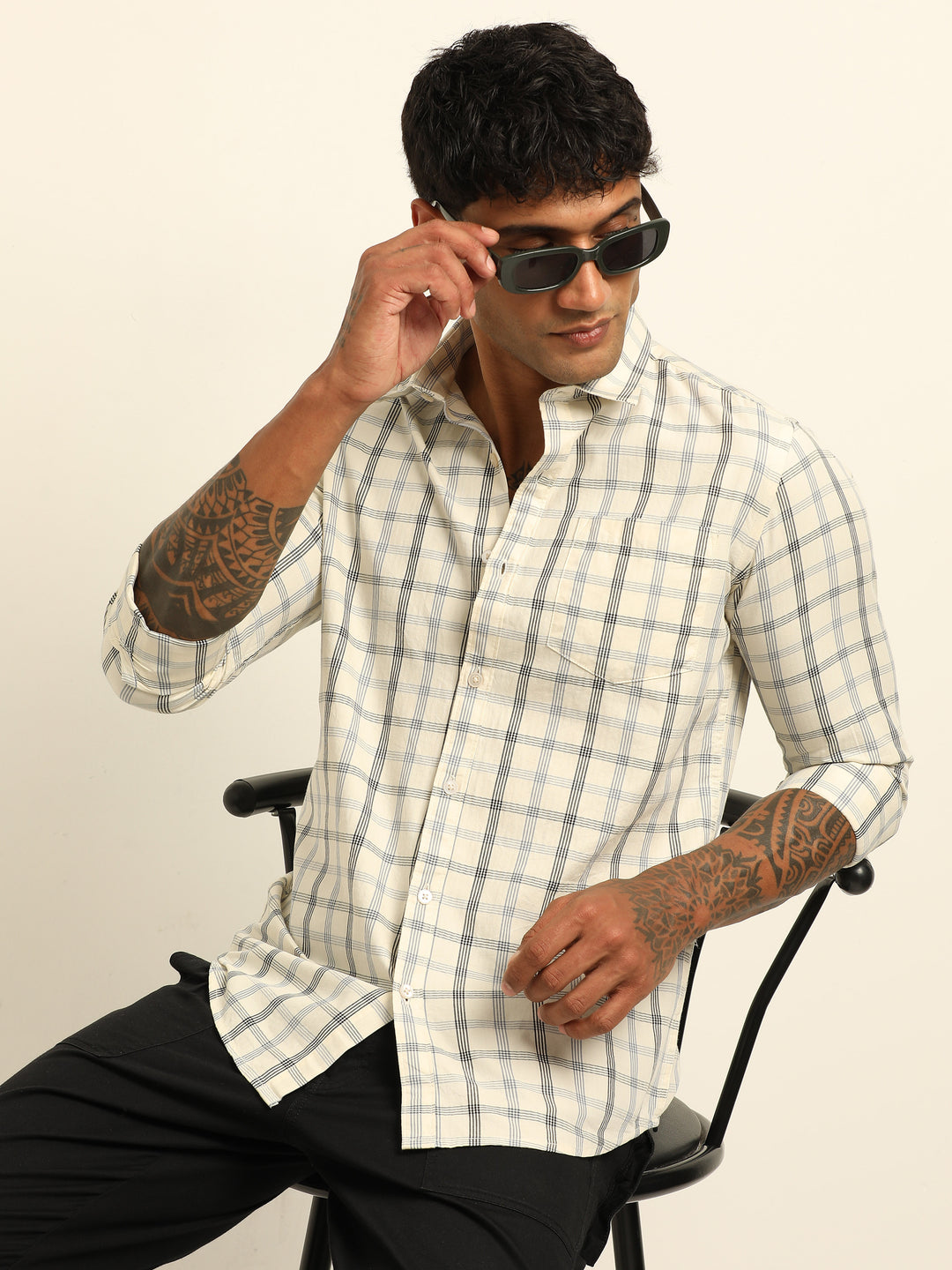 Cream Regular Fit Check Shirt Checks Shirt Bushirt