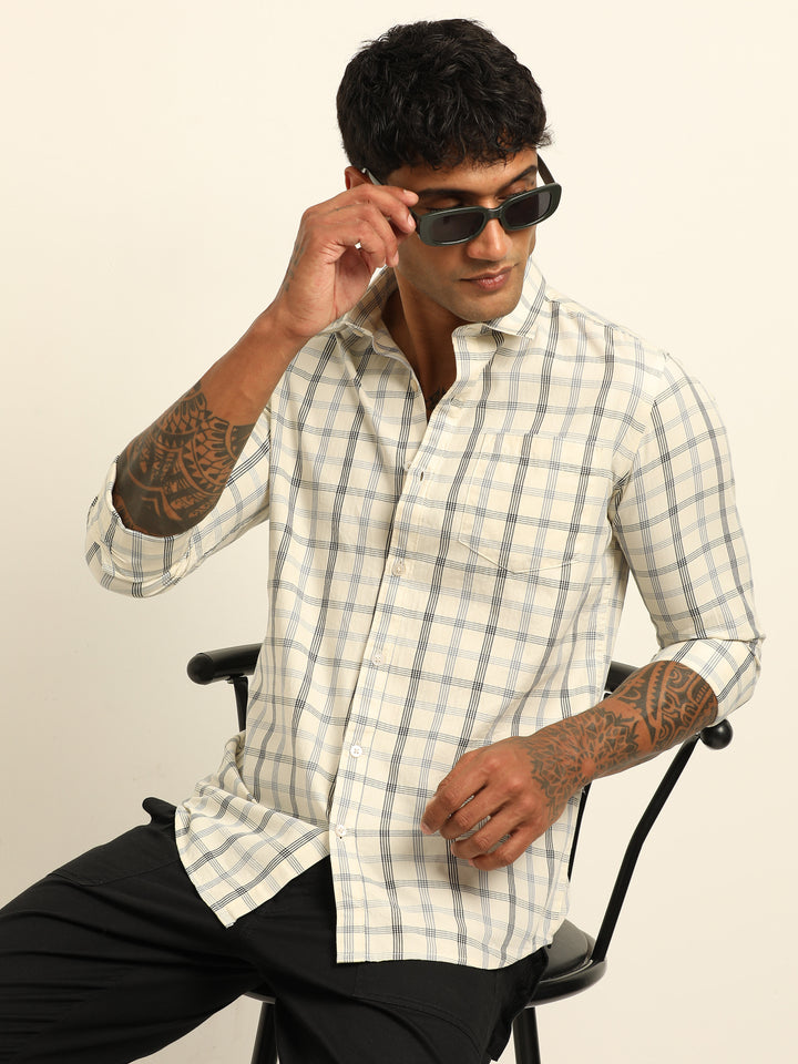 Cream Regular Fit Check Shirt Checks Shirt Bushirt