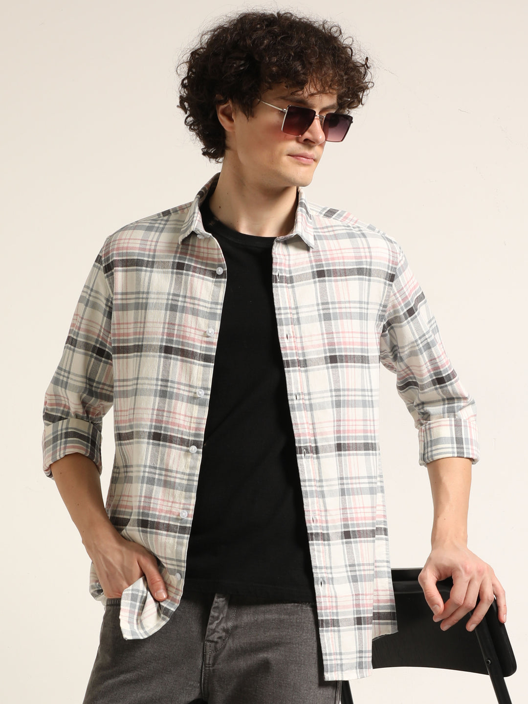 Peach Regular Fit Check Shirt Checks Shirt Bushirt