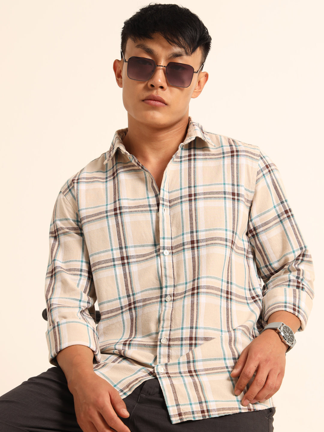 Beige Regular Fit Check Shirt Checks Shirt Bushirt