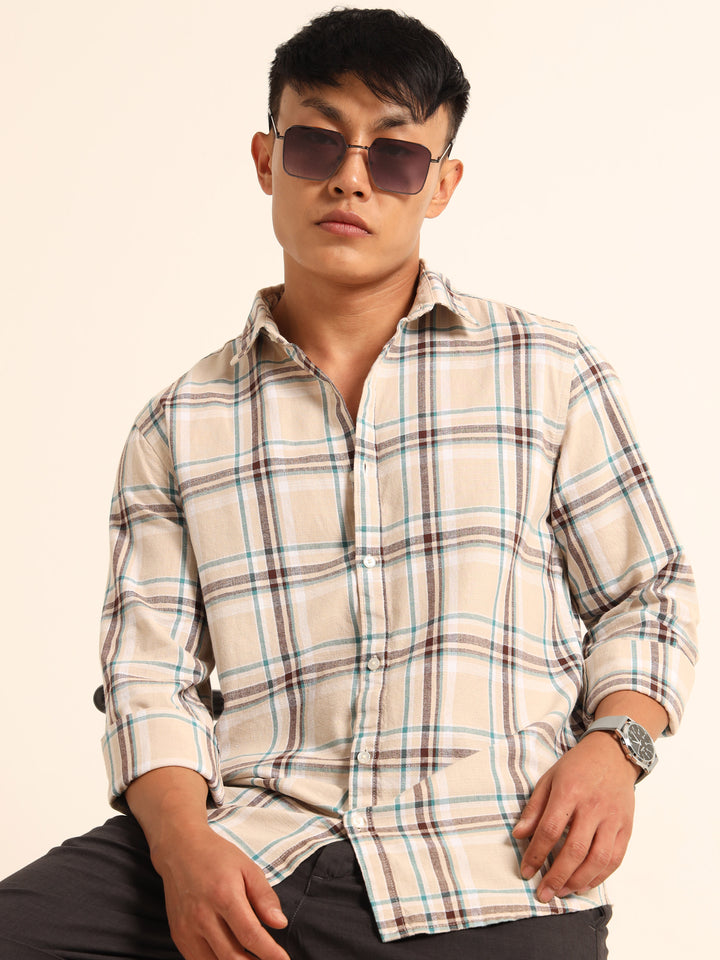Beige Regular Fit Check Shirt Checks Shirt Bushirt
