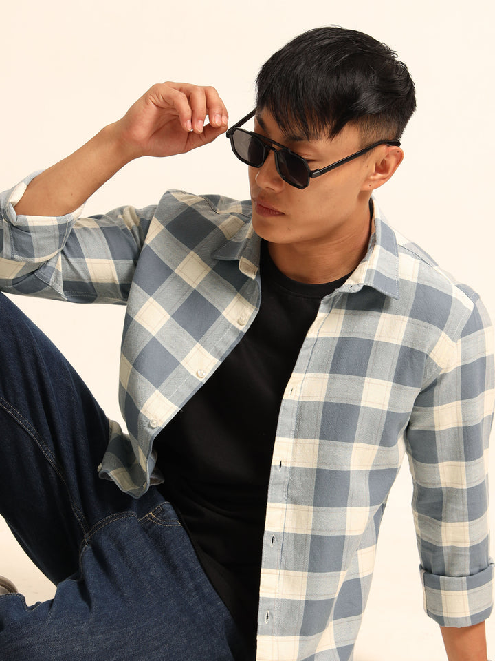 Indigo Blue Regular Fit Check Shirt Checks Shirt Bushirt