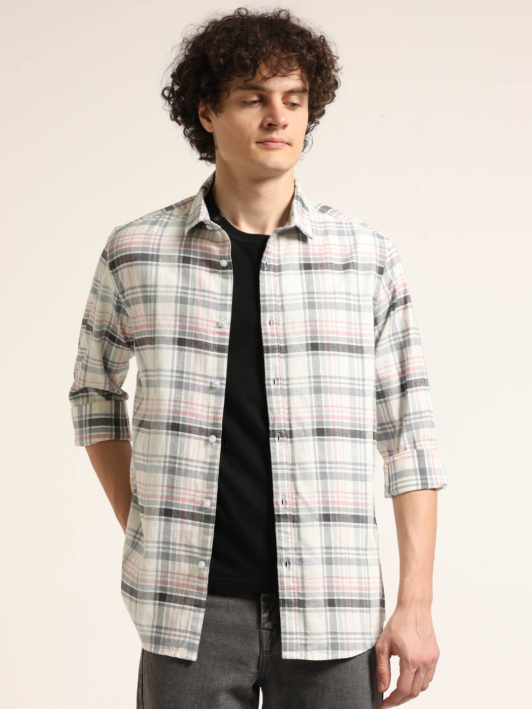 Peach Regular Fit Check Shirt Checks Shirt Bushirt