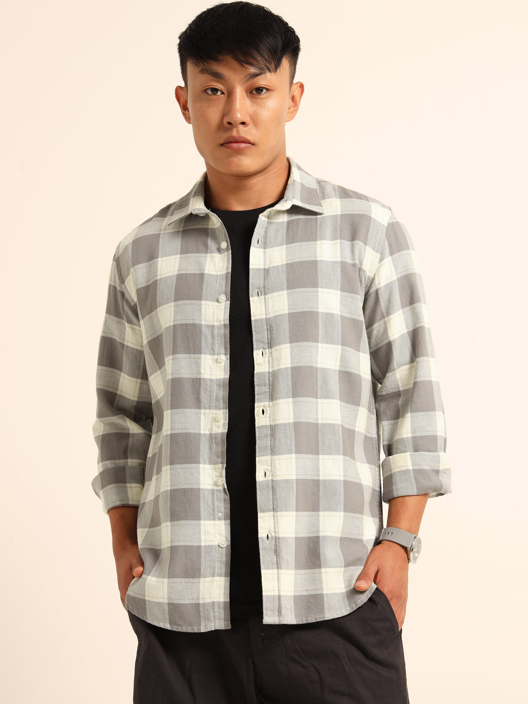Ash Grey Regular Fit Check Shirt Checks Shirt Bushirt