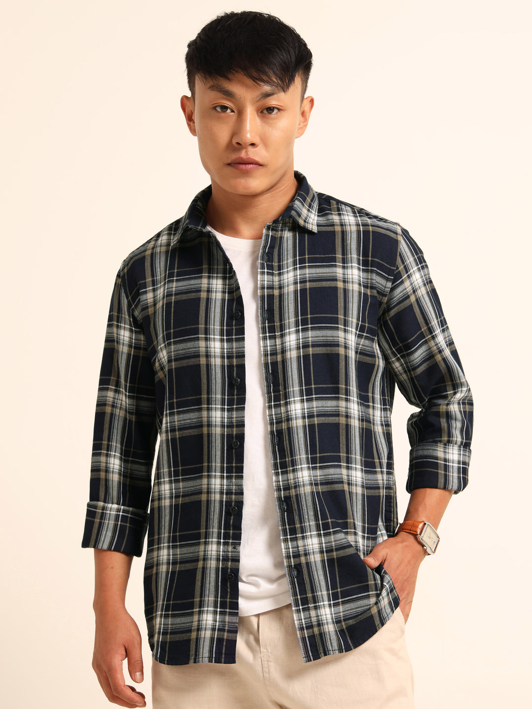 Navy Blue Regular Fit Check Shirt Checks Shirt Bushirt