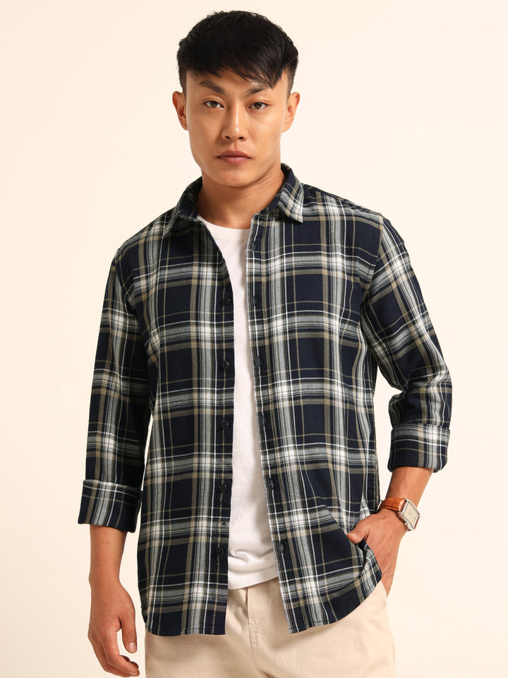 Navy Blue Regular Fit Check Shirt Checks Shirt Bushirt