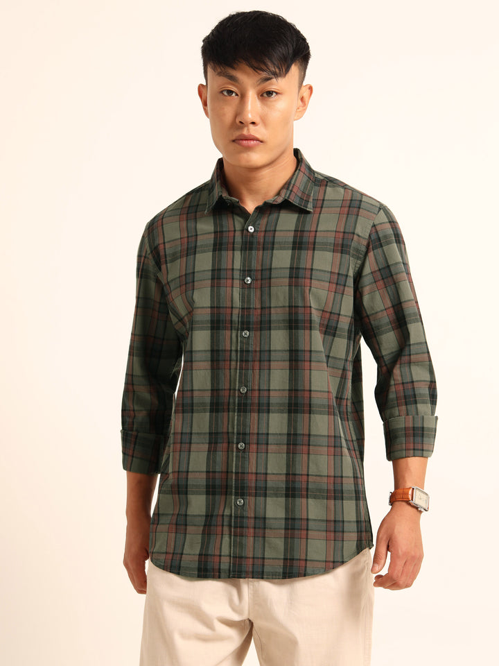 Rifle Green Regular Fit Check Shirt Chinos Bushirt