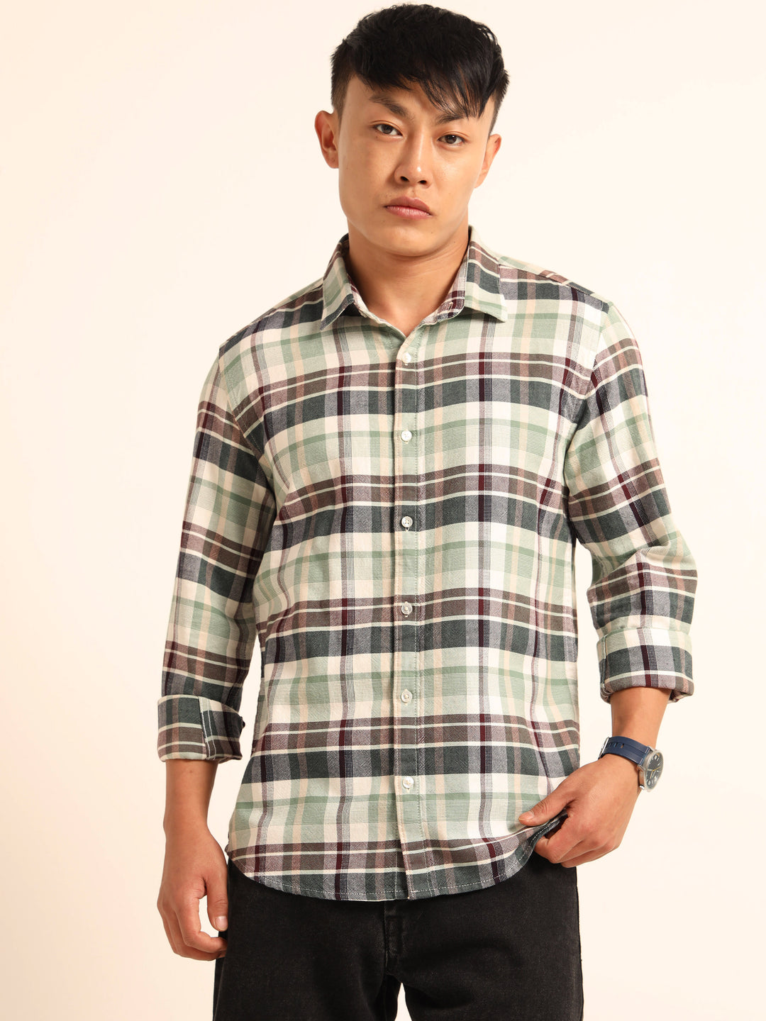 Spanish Green Regular Fit Check Shirt Checks Shirt Bushirt