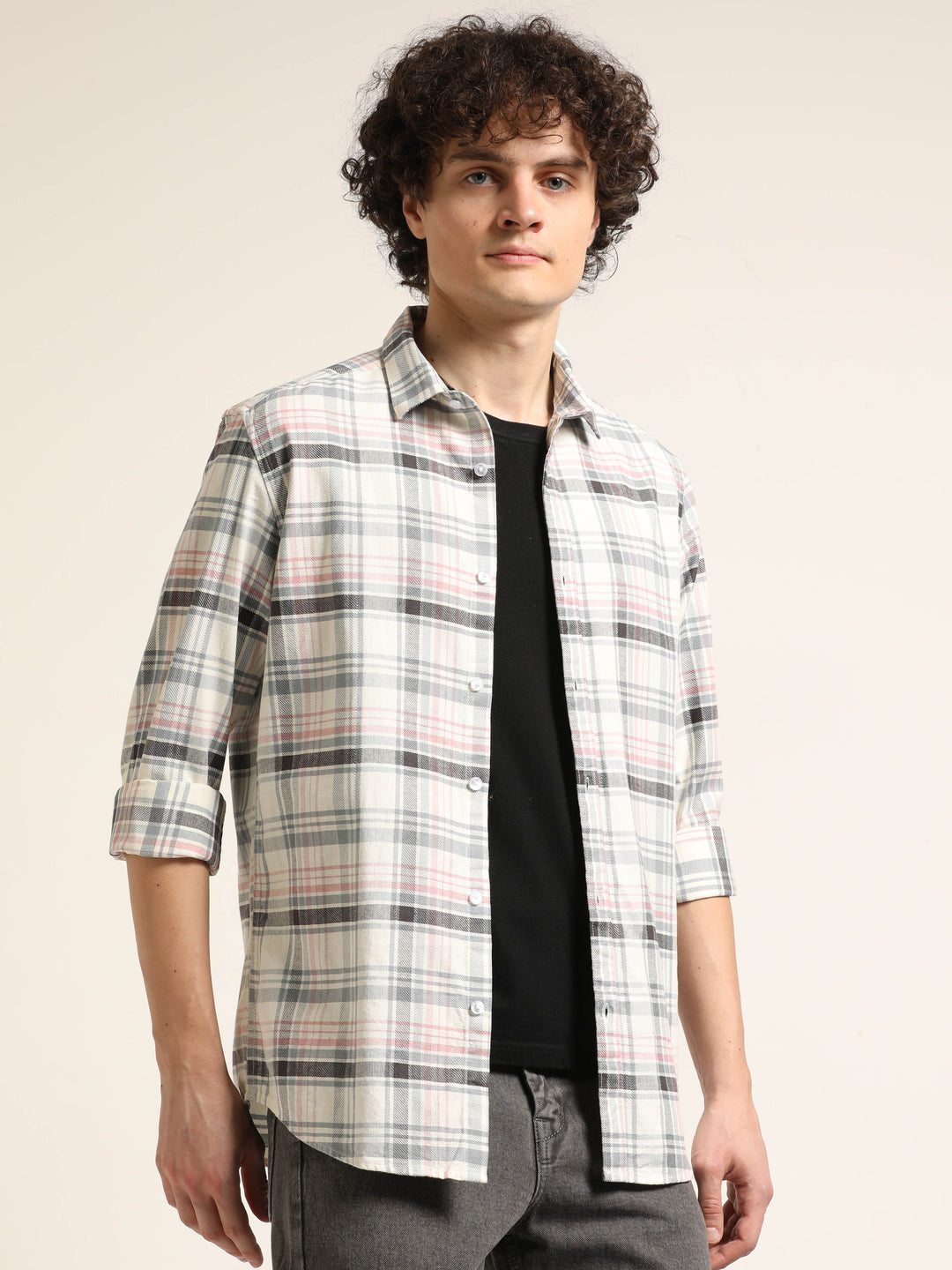 Peach Regular Fit Check Shirt Checks Shirt Bushirt