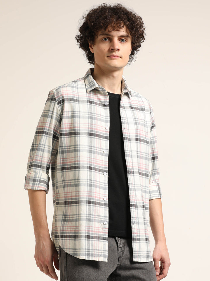 Peach Regular Fit Check Shirt Checks Shirt Bushirt