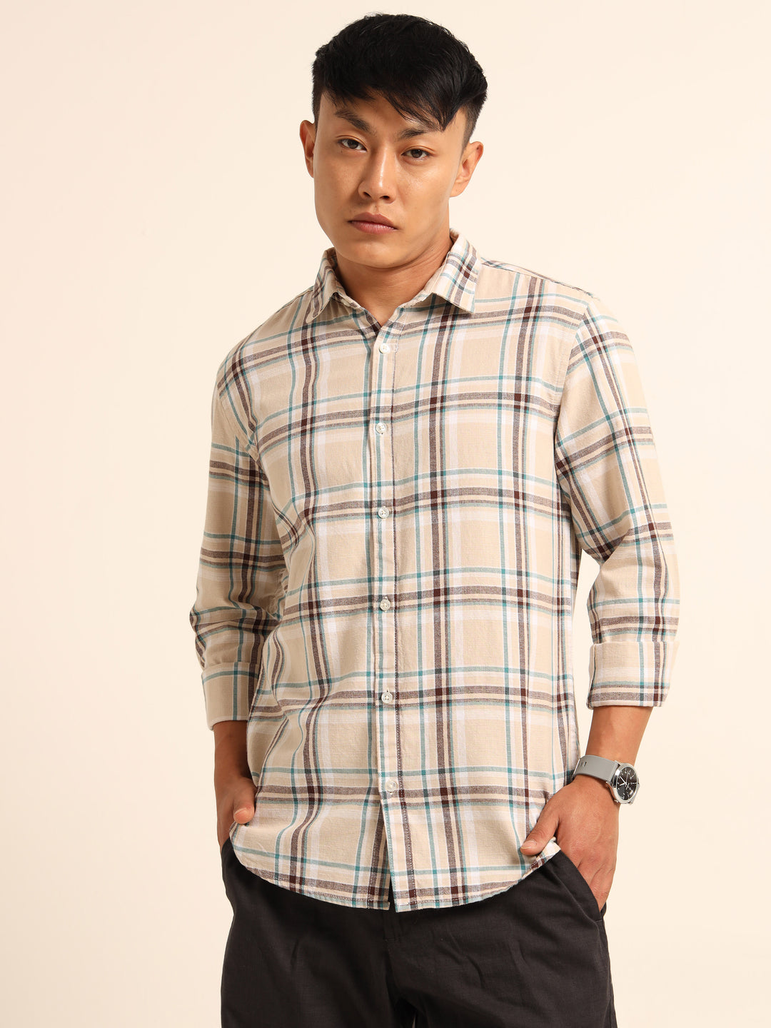Beige Regular Fit Check Shirt Checks Shirt Bushirt