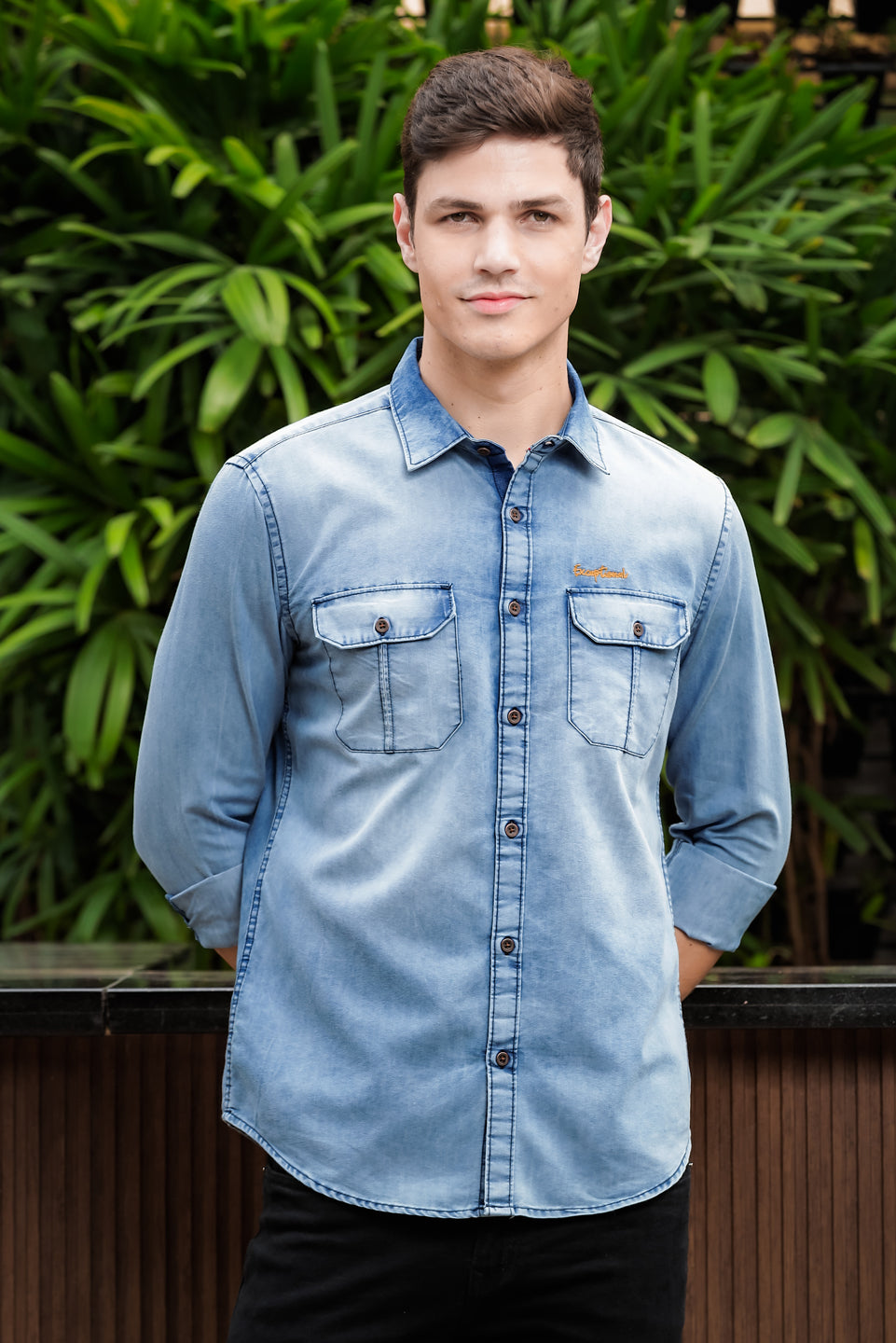 Slate Blue Cargo Denim Shirt - Main Image