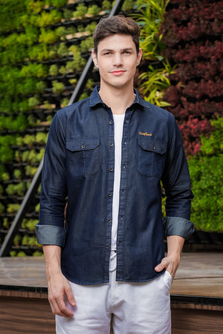Dark Blue Cargo Denim Shirt Denim Shirts Bushirt   