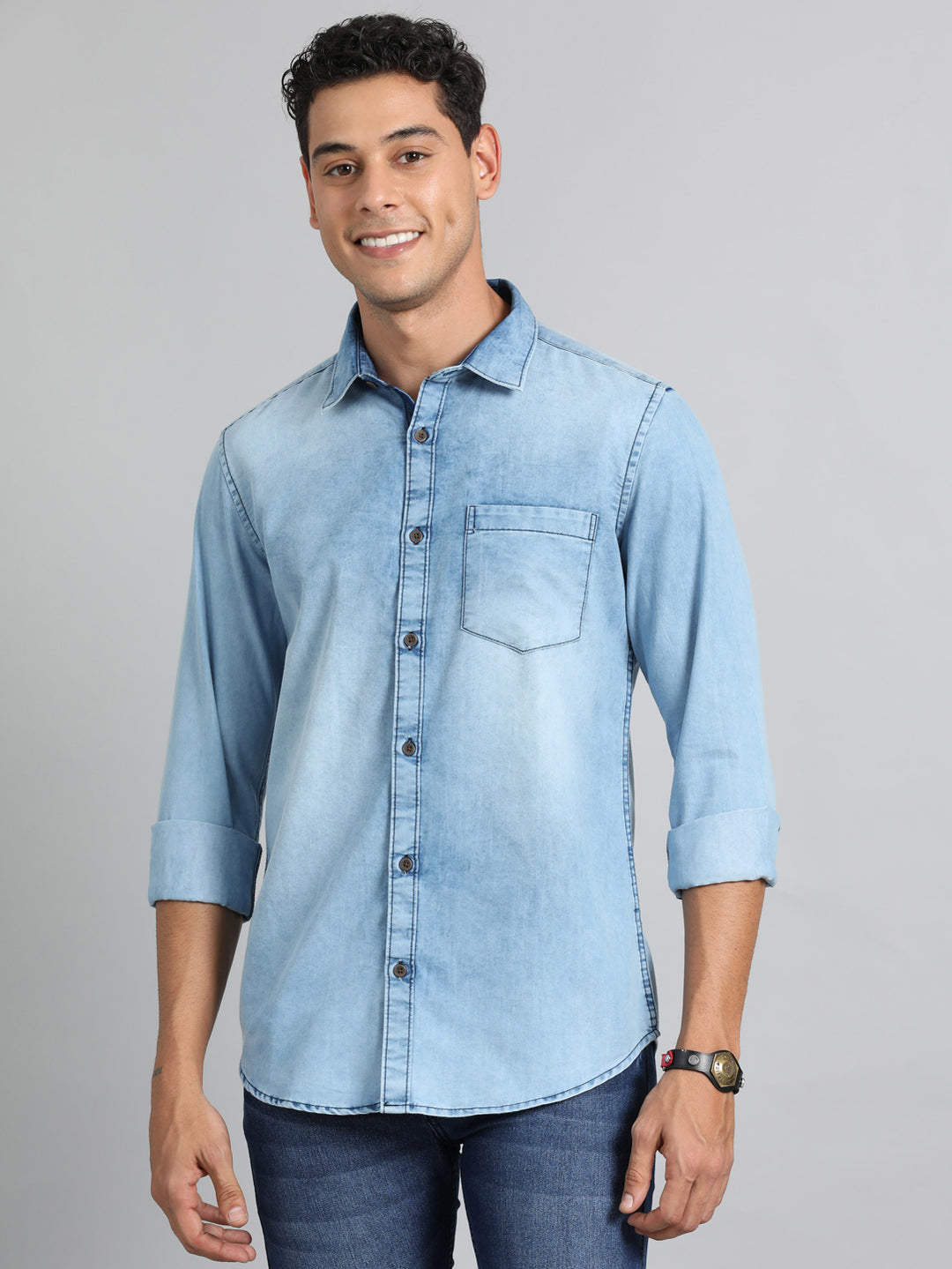 Slate Blue Denim Shirt Solid Shirt Bushirt   