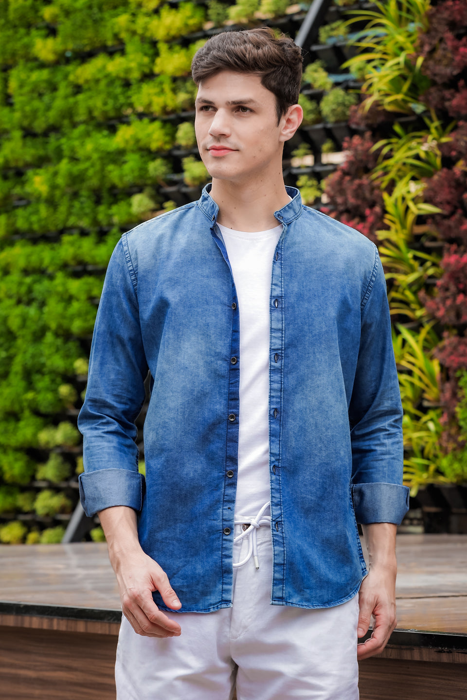 Stone Blue Chinese Collar Denim Shirt Denim Shirts Bushirt   
