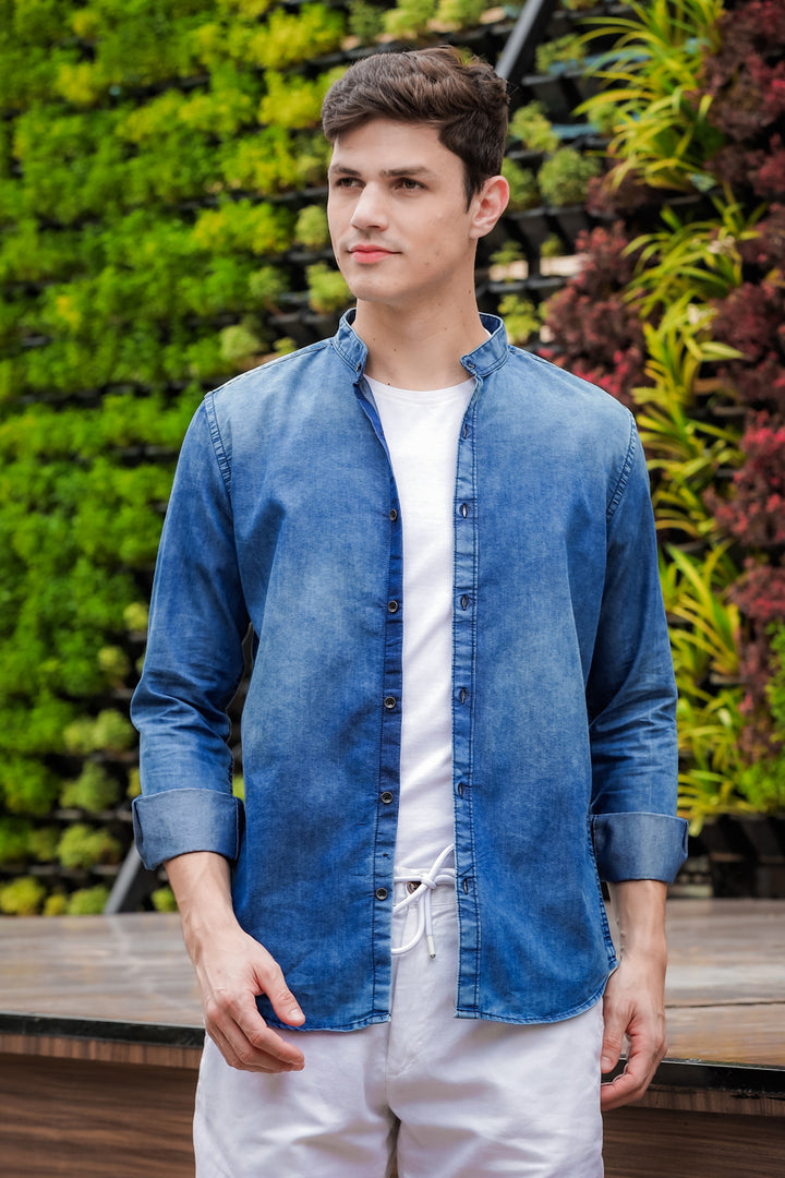 Stone Blue Chinese Collar Denim Shirt Solid Shirt Bushirt   