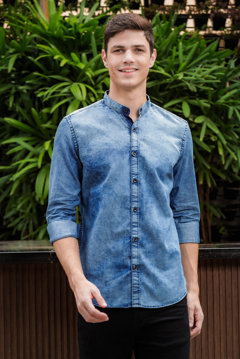 Shop Light Blue Chinese Collar Denim Shirt for Men Online – Bushirt