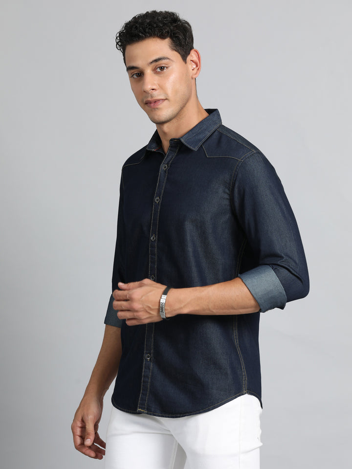 Dark Blue Solid Denim Shirt Solid Shirt Bushirt   