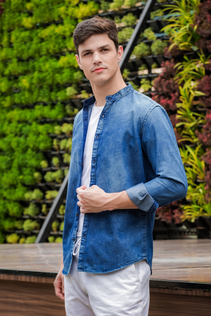 Stone Blue Chinese Collar Denim Shirt Denim Shirts Bushirt   