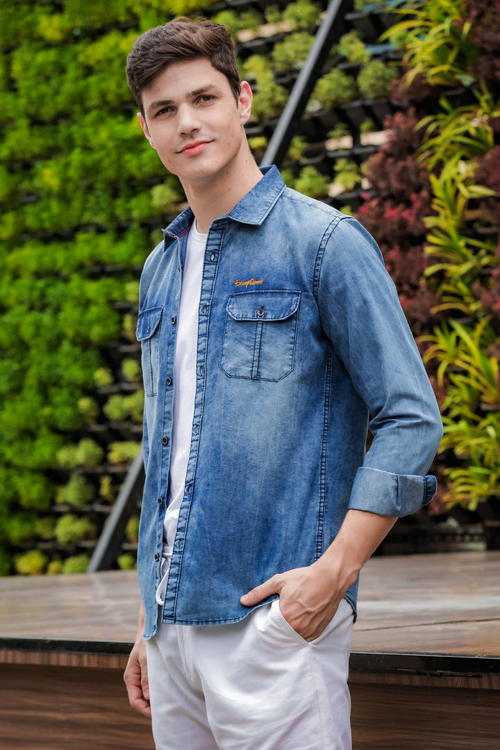 Stone Blue Cargo denim Shirt Solid Shirt Bushirt   