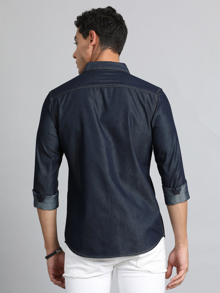 Dark Blue Solid Denim Shirt Solid Shirt Bushirt   