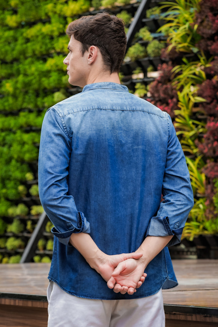 Stone Blue Chinese Collar Denim Shirt Solid Shirt Bushirt   