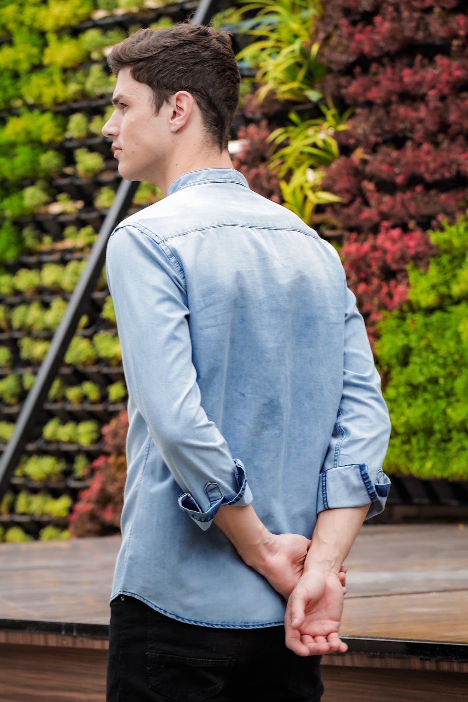 Ice Blue Chinese Collar Denim Shirt - Main Image