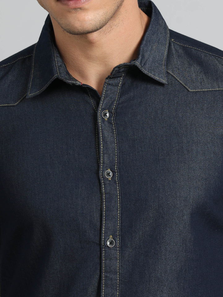 Dark Blue Solid Denim Shirt Solid Shirt Bushirt   