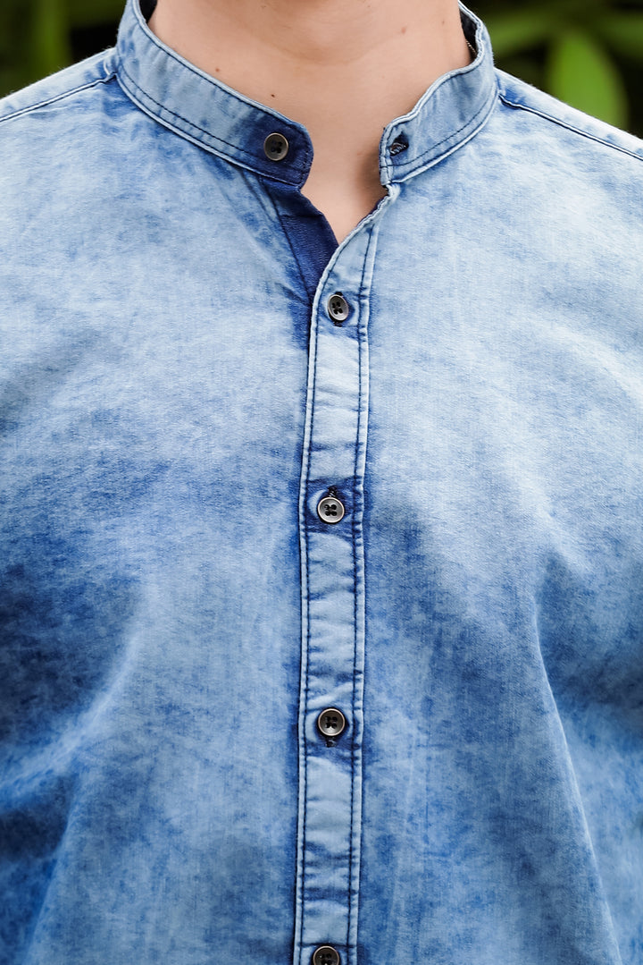 Slate Blue Chinese Collar Denim Shirt Solid Shirt Bushirt   