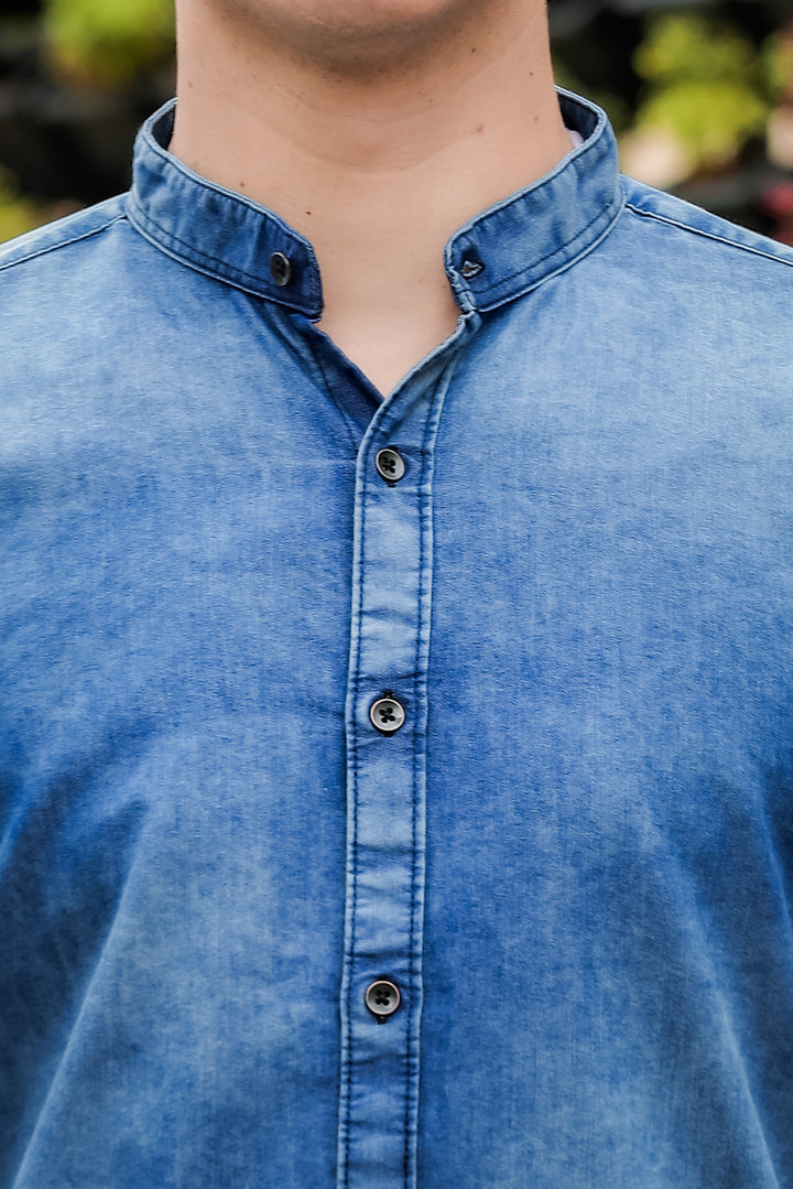 Stone Blue Chinese Collar Denim Shirt Solid Shirt Bushirt   