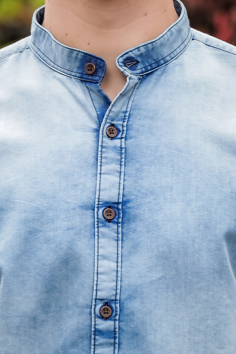 Ice Blue Chinese Collar Denim Shirt Solid Shirt Bushirt   