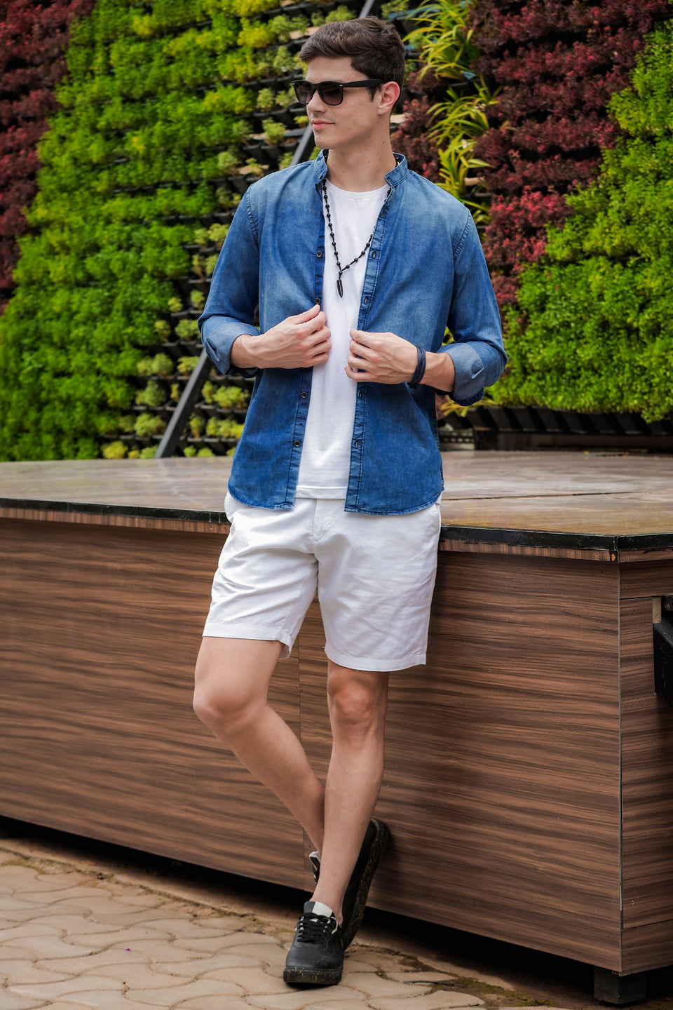 Stone Blue Chinese Collar Denim Shirt Denim Shirts Bushirt   