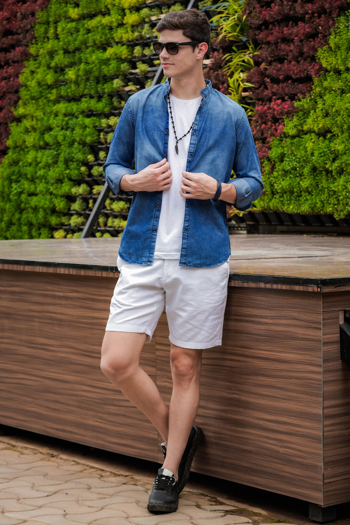 Stone Blue Chinese Collar Denim Shirt Denim Shirts Bushirt   