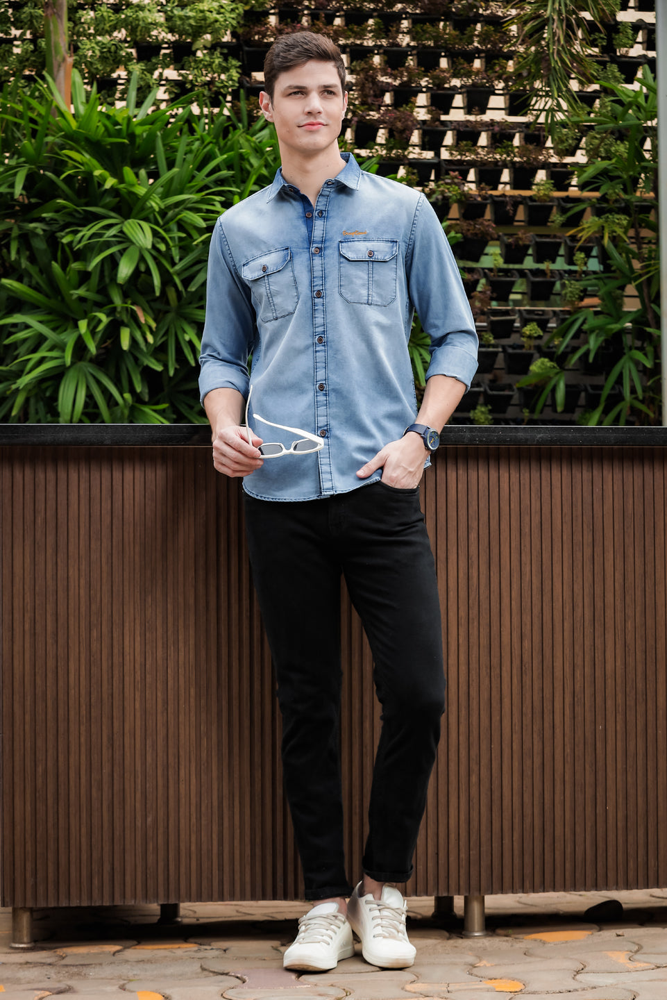 Slate Blue Cargo Denim Shirt - Main Image