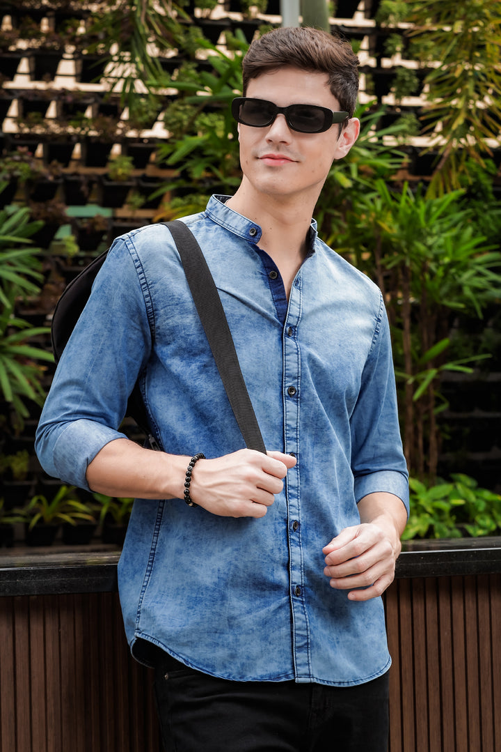 Slate Blue Chinese Collar Denim Shirt Solid Shirt Bushirt   