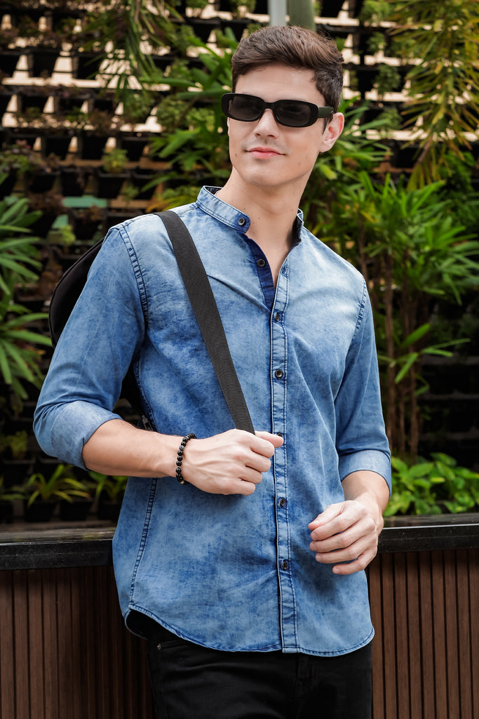 Slate Blue Chinese Collar Denim Shirt