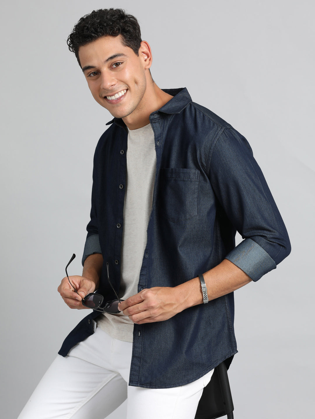 Dark Blue Denim Shirt Solid Shirt Bushirt   